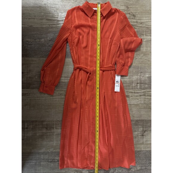 Calvin Klein Orange Shirt Dress Long Sleeve Lined Belted Size 2 NWT ($179) - Picture 3 of 5